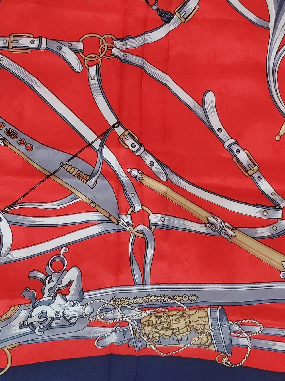Vintage Christian Dior Silk Scarf Equestrian Hunting Weapon Motif Red Navy Blue